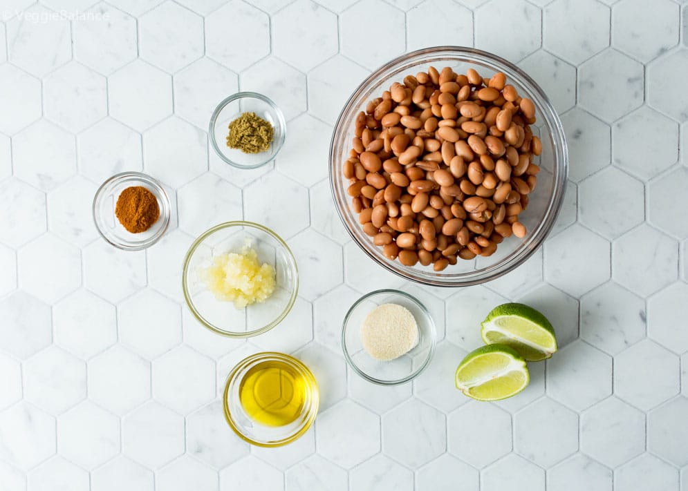 overhead shot of ingredients needed to make vegetarian refried beans