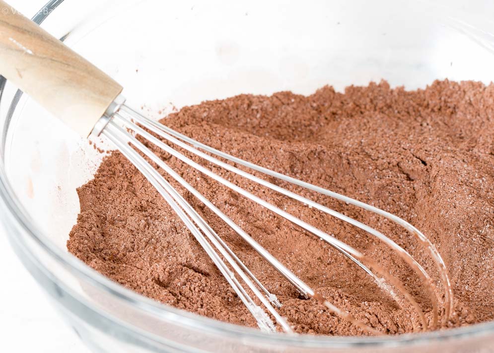 Bowl of dry ingredients whisked together needed for brownies