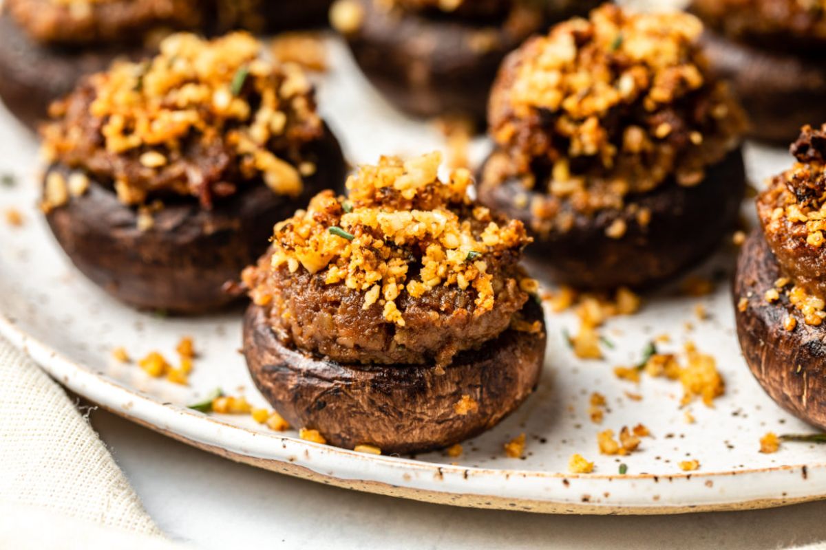 a plate of vegan stuffed mushrooms