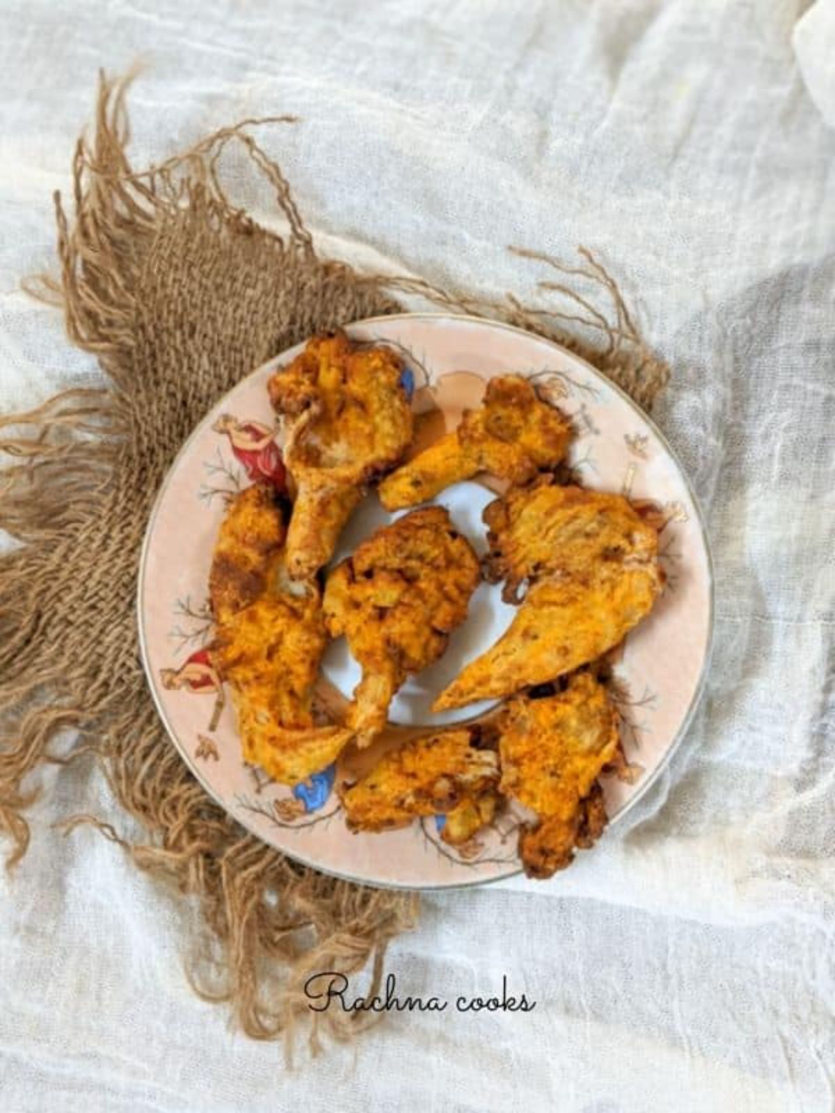 a top view of a dish of air fried oyster mushrooms