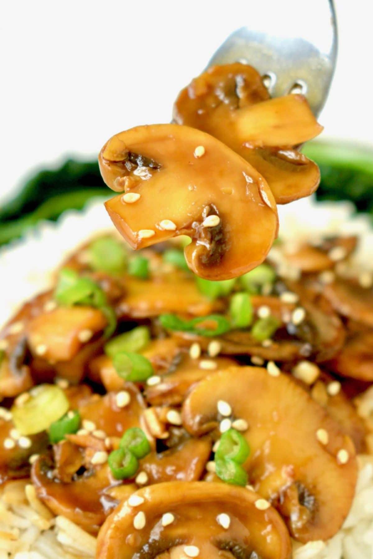 a fork holds a portion of quick vegan teriyaki mushrooms topped with sesame seeds and scallions