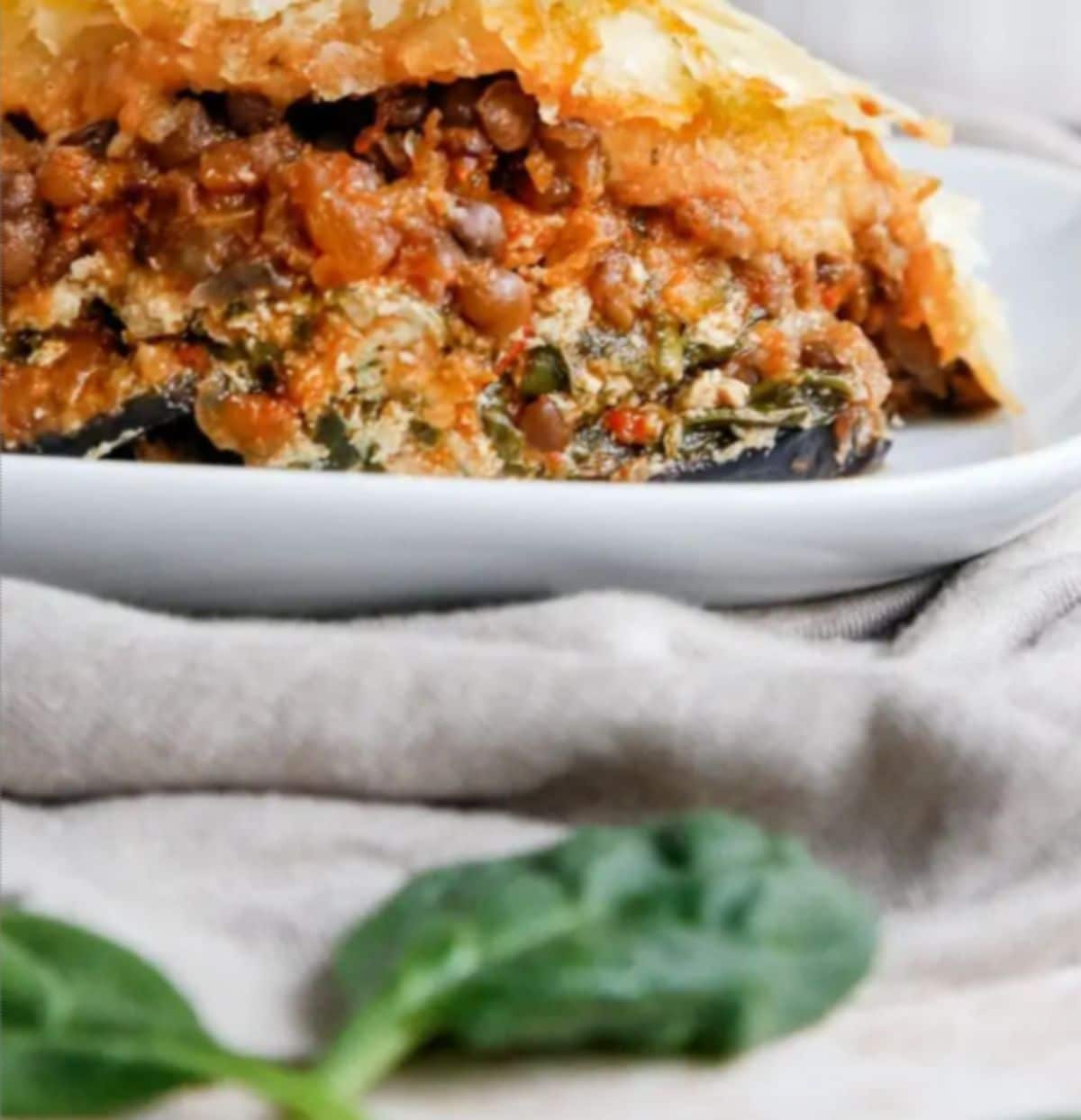 a close up of a vegan aubergine, lentil and mushroom pot pie